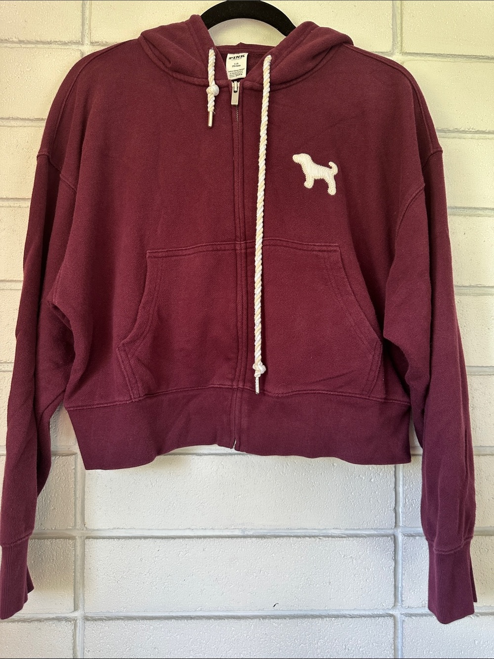 PINK Victoria's Secret Maroon Zip-Up Hoodie with White Dog Patch